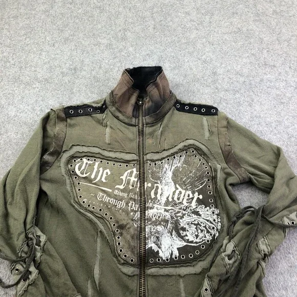 Salvage Jacket Womens Medium Green Biker Full Zip Studded Graphic Grunge Goth - Picture 4 of 10